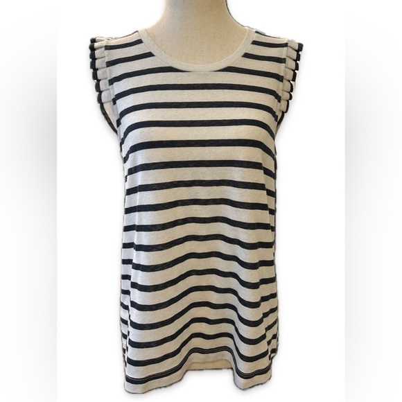 Ann Taylor LOFT sleeveless ruffle detail navy/white striped blouse, size M - Picture 1 of 7